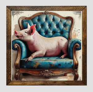 Framed Print of Pig on Vintage Sofa