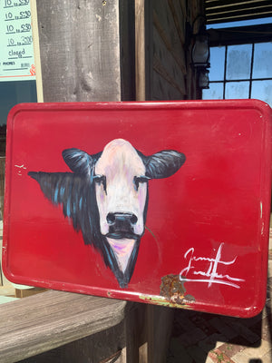 Black Baldy Cow on vintage Red Tray