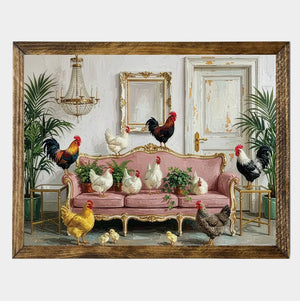 Framed Chickens on Pink sofa with White Background
