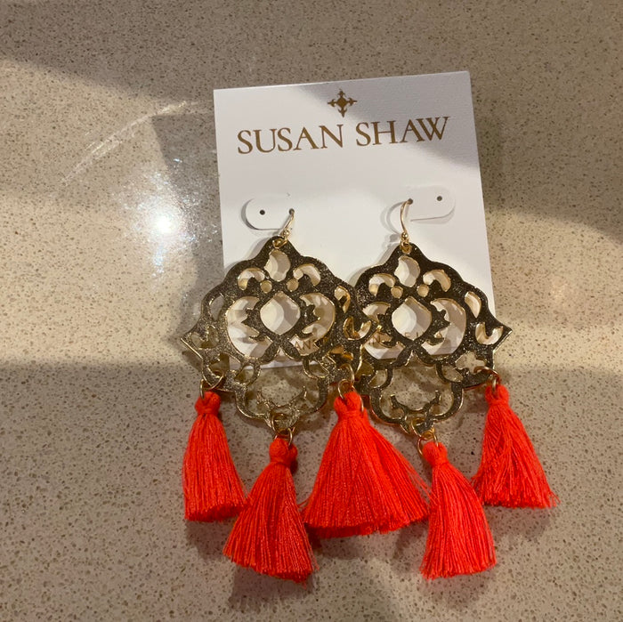 Gold filigree with orange tassels earrings