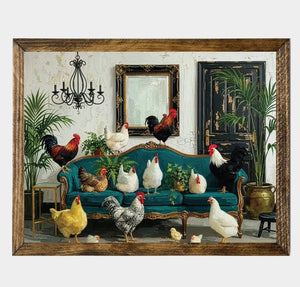 Framed Chickens on Green Sofa