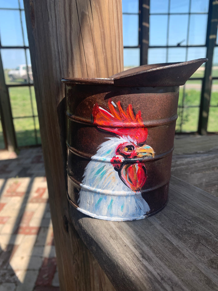 Chicken painting on vintage measuring cup