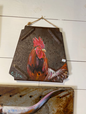 Rooster on vintage metal feed door