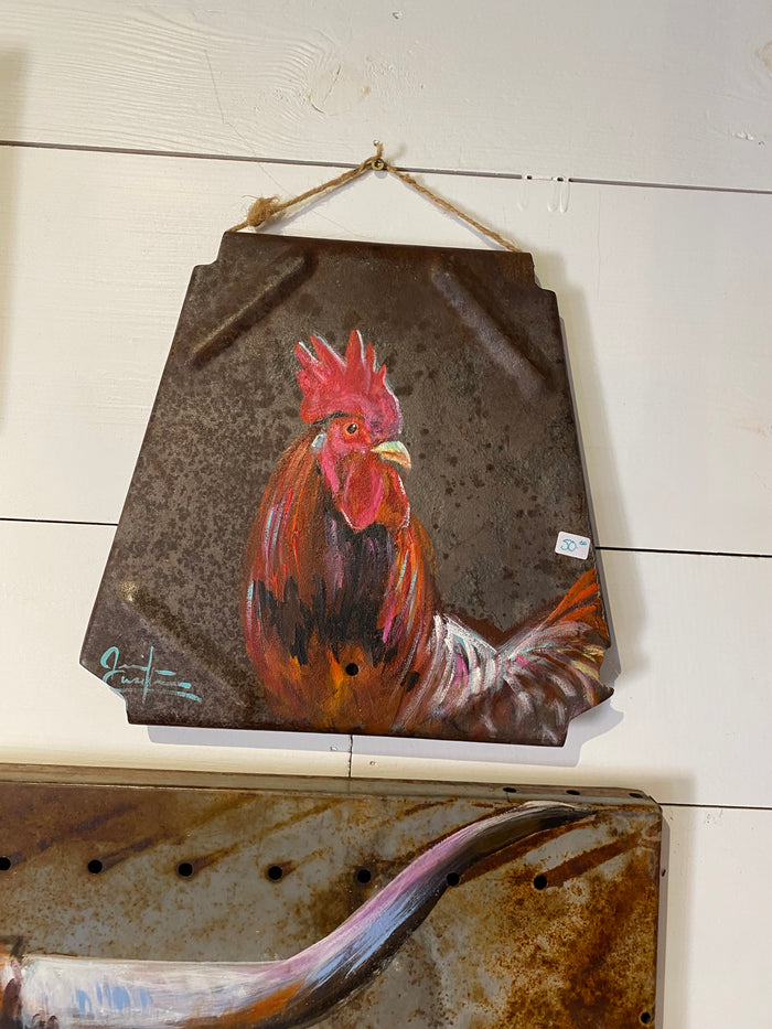 Rooster on vintage metal feed door