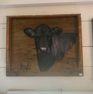 Black angus on vintage Wood Shelf