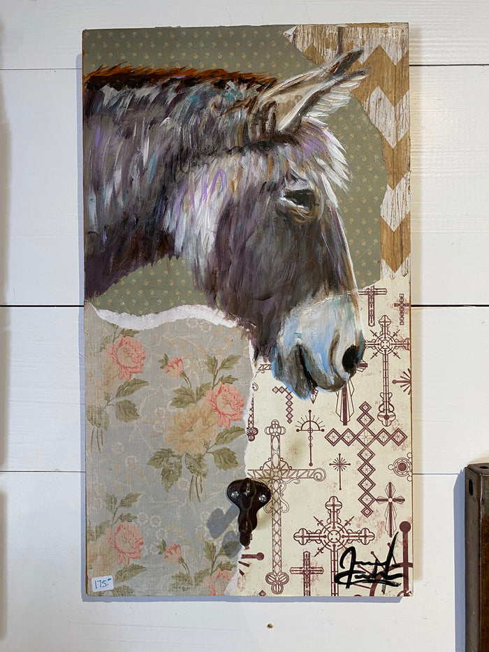 Donkey on decoupage board with hook