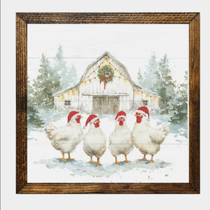 Framed Chickens in Santa Hats in Front of a Barn