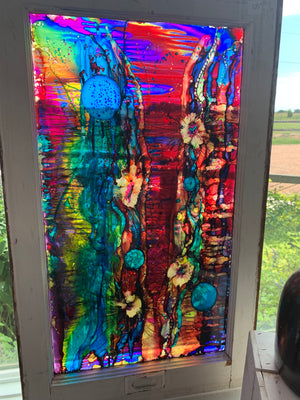 Alcohol paintings on vintage windows