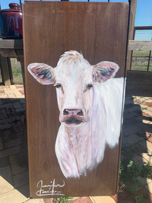 Charolais painting on metal shelf