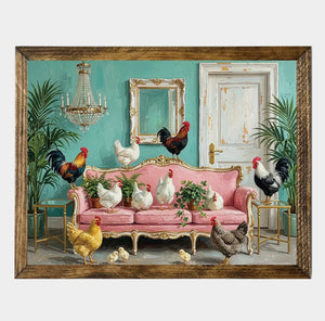 Framed Chickens on Pink Sofa with Teal Background
