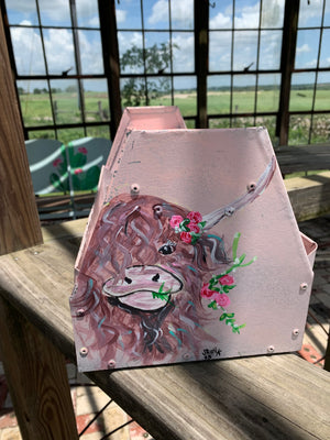 Pink Highland Painting on vintage Metal tool Box