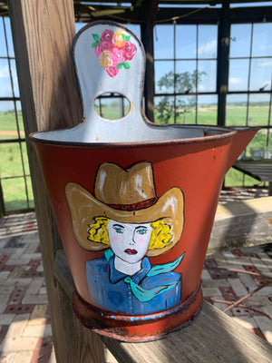 Cowgirl painted vintage metal bucket