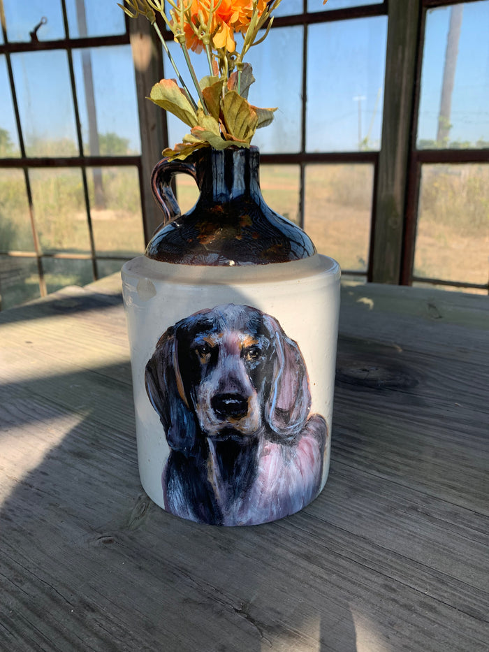 Hound dog on vintage jug