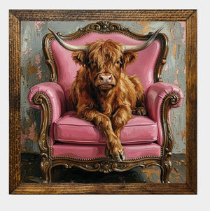 Framed Highland Cow on Pink Chair