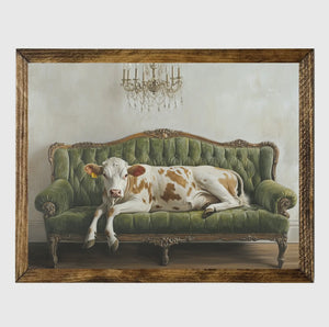 Framed Print of Cow on Vintage Sofa