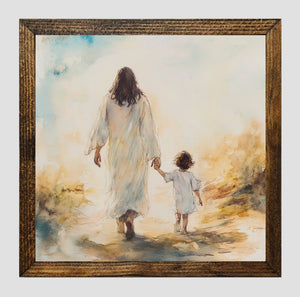 Framed Print of Jesus holding hand of child