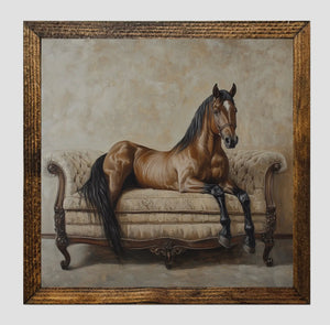 Framed Print of Horse on Vintage Sofa