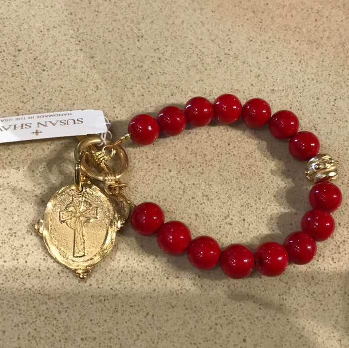 Red coral bracelet with Italian intaglio cross